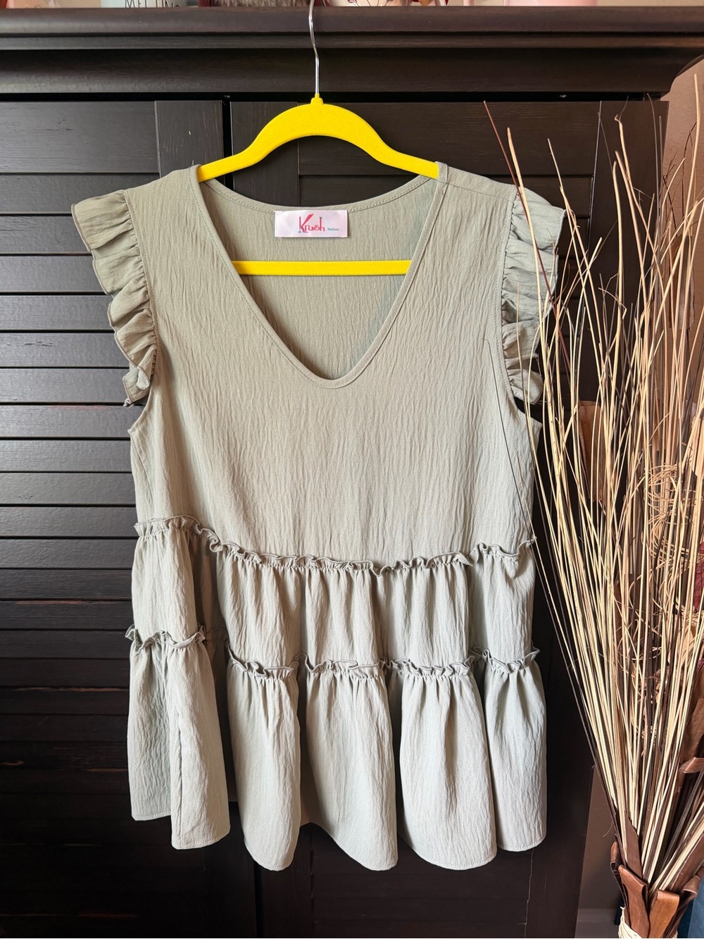 Krush Light Sage Tiered Ruffle V-Neck Tunic
